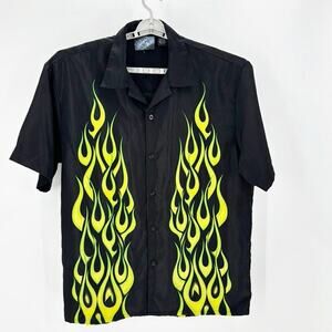 Vintage Sapphire Lounge Y2K neon green yellow Flaming short button down size 2XL